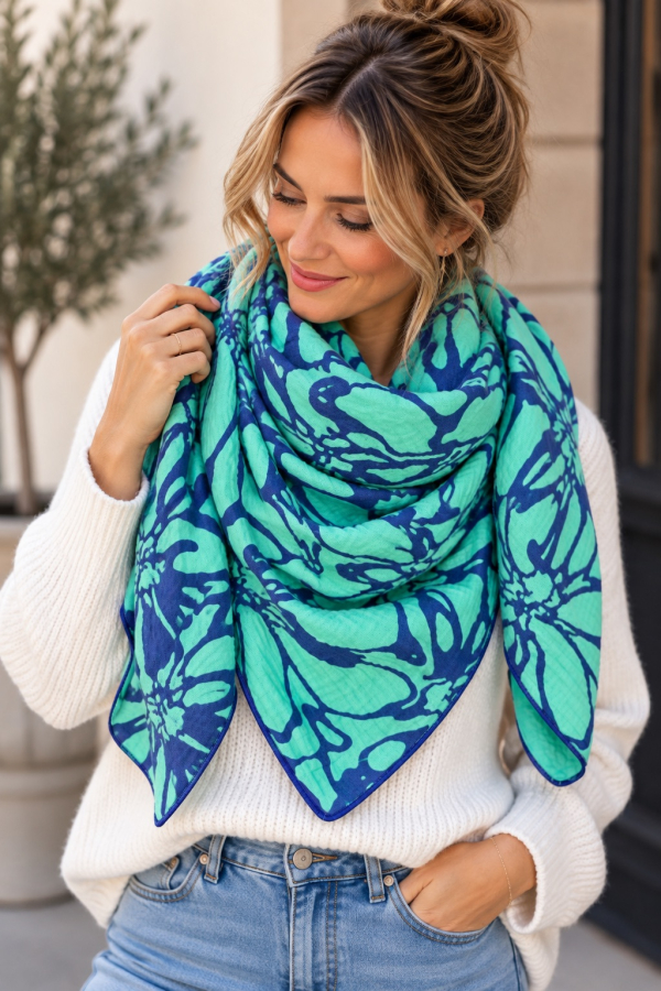 Preview: Musselin-Schal Damen Mintgrün gemustert 140 × 140 cm